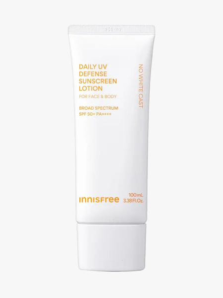 Innisfree Daily UV Defense Sunscreen Lotion SPF 50+ PA++++ in branded tube component on a light gray background